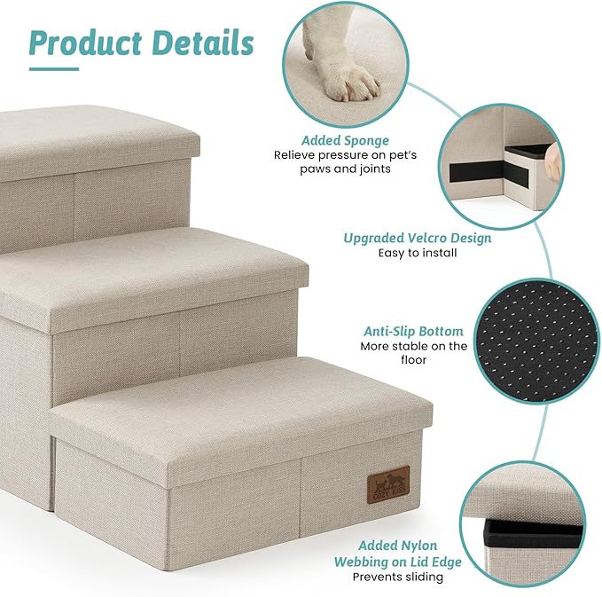 COZY KISS Dog Stairs with Storage, 3-Step Wider Sturdy Dog Steps for Small/Medium/Large Dogs and Older Cats, Folding Doggie Ramp for Bed/Couch Hold Up to 180 lbs (16.7" H, Beige)