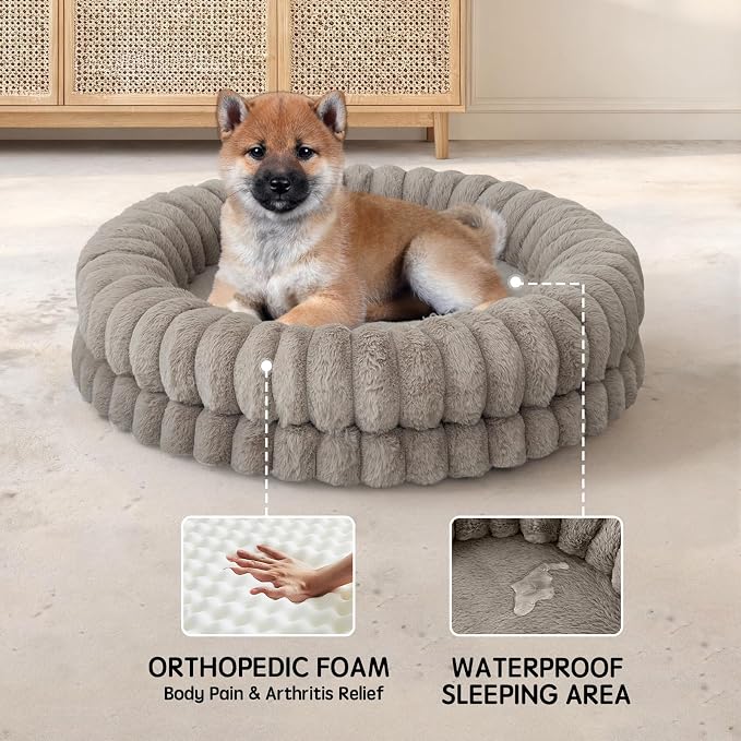 BALANCE Luxury Donut Dog Bed, 30 Inches Round Dog Bed Medium Size Dogs Washable, Orthopedic Calming Dogs Bed for Pets with Anti-Slip Bottom, Oatmeal