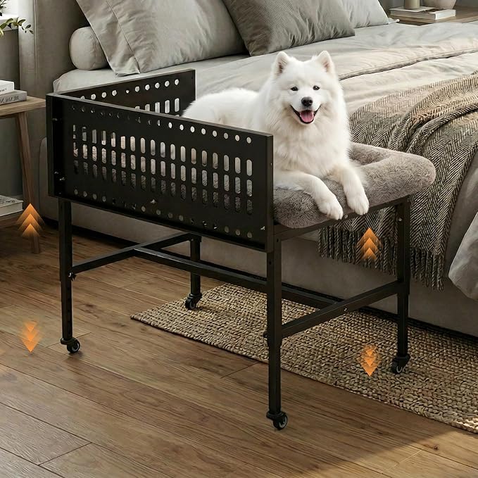 Beside Dog Bed,2 Panels Adjustable Height Dog Bunk Beds,47.2”x30.7” Metal Frame & Cushion, Converts to Bunk Bed or Bed Extension Attachment for Human Bed, for Large Breeds