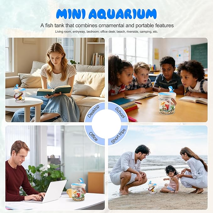 Portable Mini Fish Tank, Rechargeable,with Air Pump Oxygenation, and Multi-Color Automatic Switching LED Lights. 0.3 Gallon Plastic Aquarium for Travel