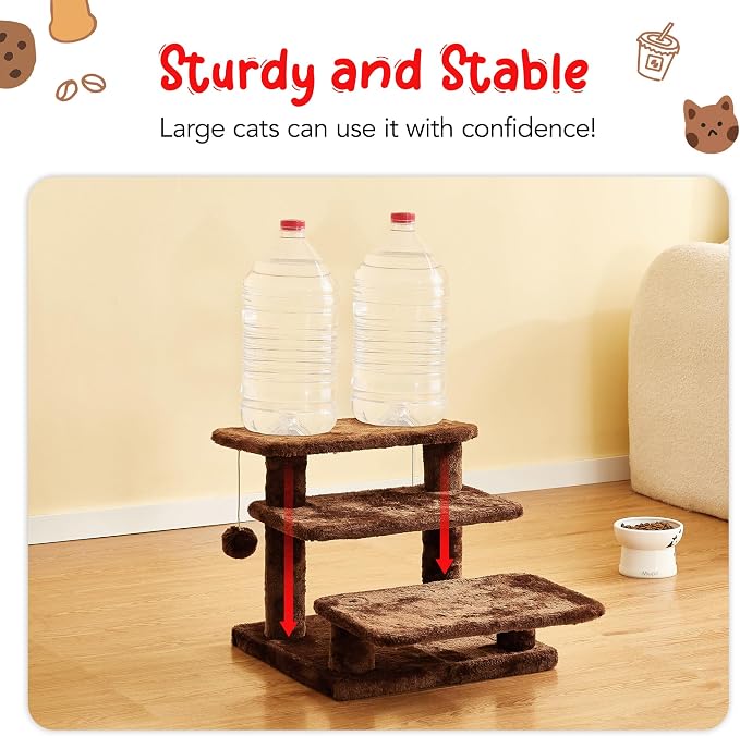 15''H Multi-Step Pet Stairs for High Beds & Sofas, 3-Step Cat Stairs with 2 Toy Balls, Wide Boards for Indoor Kittens Dogs Pets Climbing, Brown
