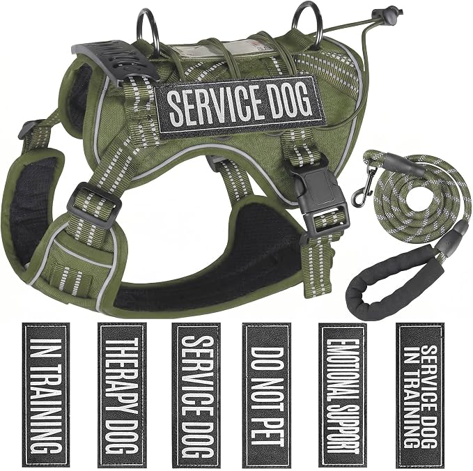 Service Dog Tactical Vest Harness and Leash Set Large Sized Dog Emotional Support- Tactical Dog Harness Training Collar with Name (Army Green, XL)