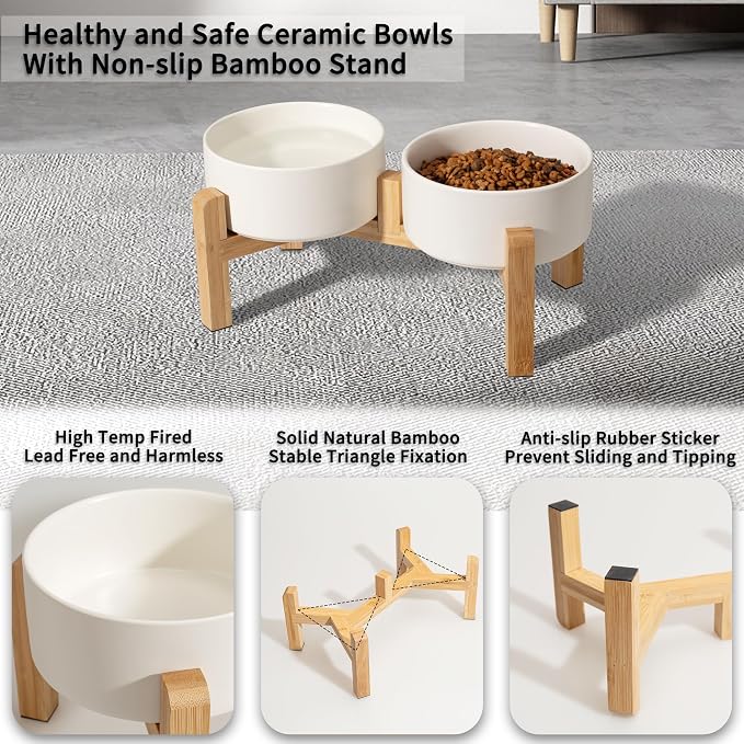 Elevated Ceramic Dog Bowl, 3.6 Cups Dog Food and Water Bowl Set with Stand | 6.1'' Double Dog Feeding Dishes, Non-Slip Raised Dog Feeder for Small and Medium Breeds, 28.74 OZ / 850 ML, White