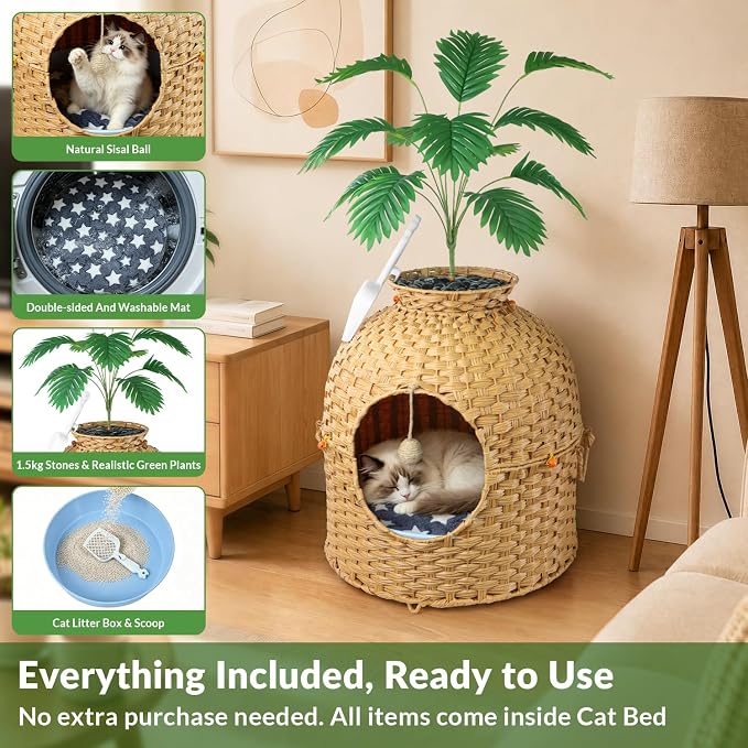 Cat Hidden Litter Box Enclosure Furniture, Handwoven Rattan Cat House with Decorative Faux Plant, Cat Litter Box with Scoop & Sisal Ball, Real Stones for Living Room, Bedroom, Corner Natural