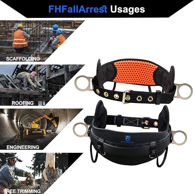 Safety Harness Climbing Belt - Tongue Buckle Safety Belt With Ventable & Moisture-Wicking Waist Pad and 2 Side D-Rings Personal Fall Protection Safety Belt for Work Positioning Restraint