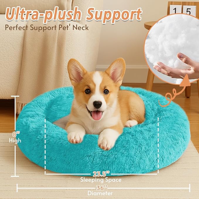 JOLLYVOGUE Calming Dog Beds Large Sized Dog, 36in Donut Washable Large Pet Bed, Anti-Slip & Anti-Anxiety Fluffy Faux Fur Round Dogs Bed, Fits up to 80 lbs Pets (Aqua Blue)