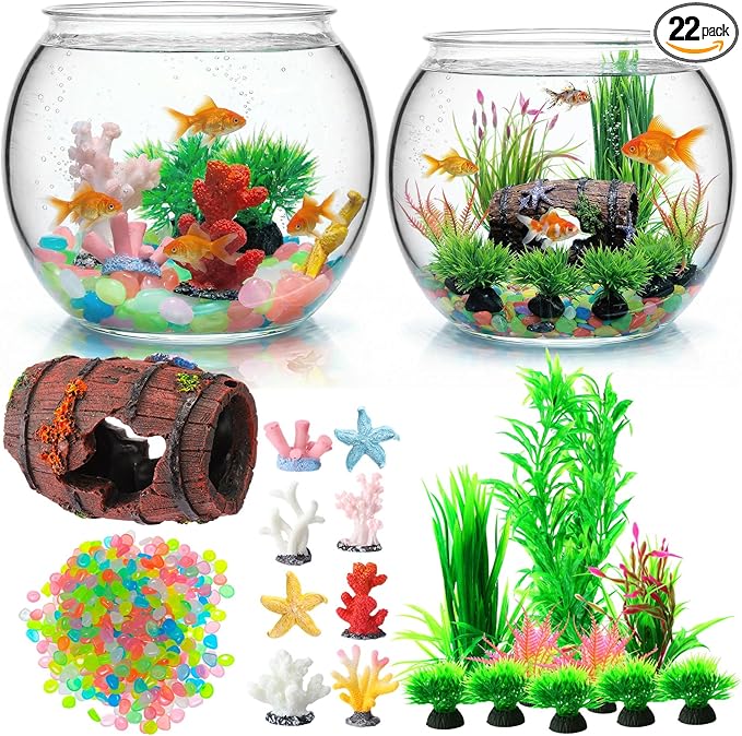 Cinnvoice 521 Pcs Plastic Fish Bowls Starter Kit, 2 Gallon & 0.27 Gallon Round Shatterproof Aquarium with Luminous Stones, Artificial Plants, Decor for Betta Goldfish, Small Fish Tank for Office