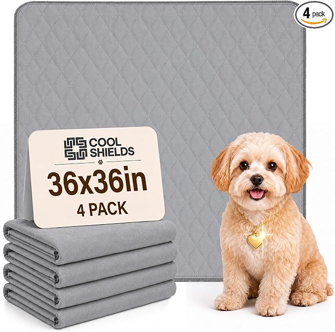 CoolShields Washable Pee Pads for Dogs, 36'' x 36'', Grey, 4 Pack | Ultra-Absorbent Reusable Waterproof Puppy Pad for Crates, Playpens, Carpets, and Floors—Ideal for Dogs, Cats, and Small Pets