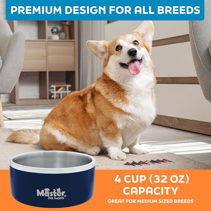 Master Pet Supply Stainless Steel Dog Bowls - 32 oz, Heavy Duty - Navy Blue, Double Wall Extra-Thick Insulated, Non-Slip Pet Water Bowl for Dogs, Cats & Pets, Anti Rust Metal, Dish Washer Safe