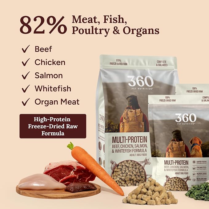 360 Pet Nutrition Freeze-Dried Raw Dog Food – Multi-Protein with Beef, Chicken, Fish & Organs, High Protein, Omega-3s, Fruits, Veggies & Superfoods, Grain-Free, No Fillers 2 x 48 oz Made in USA