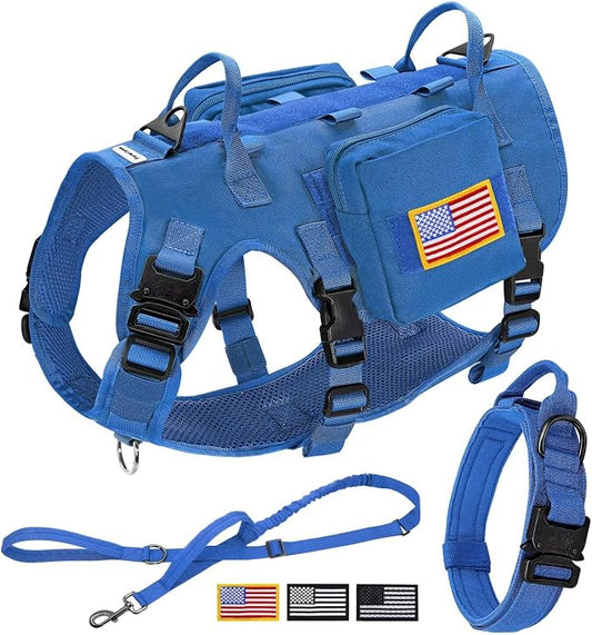 Forestpaw Tactical Dog Harness for Medium Dogs,Tactical Dog Collar with Bungee Leash Set,No Pull Military Dog Harness for Walking Training,Adjustable for Medium Dogs,Blue,Chest 22-35"