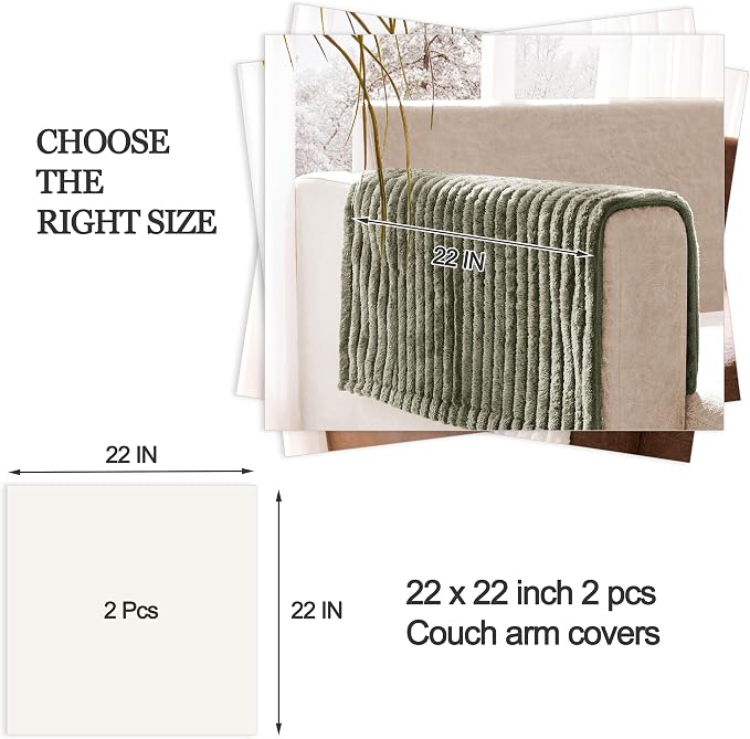 100% Waterproof Couch Arm Covers 2pcs, Fuzzy Chair Arm Covers Thick Soft Recliner Chair Armrest Protectors, Non-Slip Couch Armrest Cover Pet mats for Sofa (Sage Green, 22" x 22" 2 Pack)