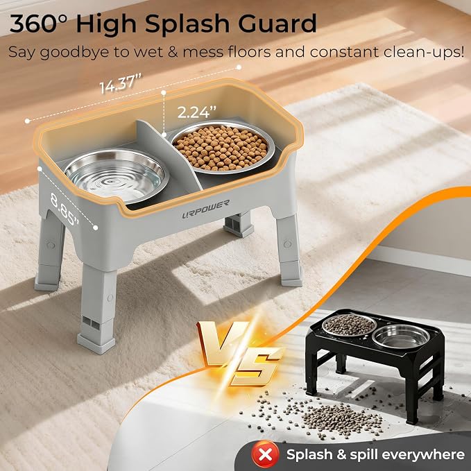URPOWER Mess Proof Elevated Dog Bowls, Splash Guard Raised Bowl Stand | 4 Adjustable Heights, 2 Stainless Steel Bowls, Food & Water Separation, Non-Slip Base, Foldable Design for Small Dogs