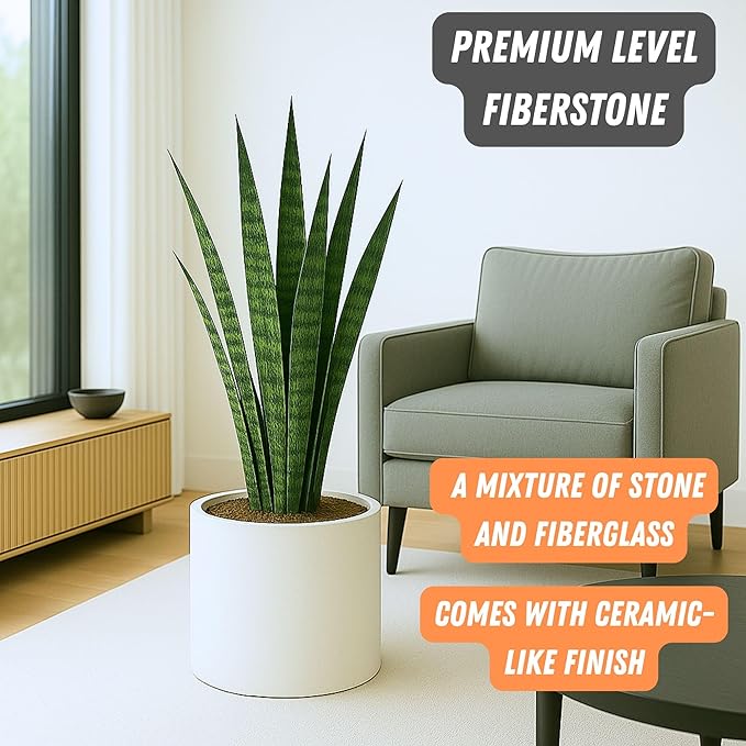 Fox & Fern Large Indoor Planter, Modern Large Plant Pot for Indoor or Outdoor, UV and Frost Resistant - 14.6 Inch, Matte White Flower Pot with Drainage Plug, Lightweight