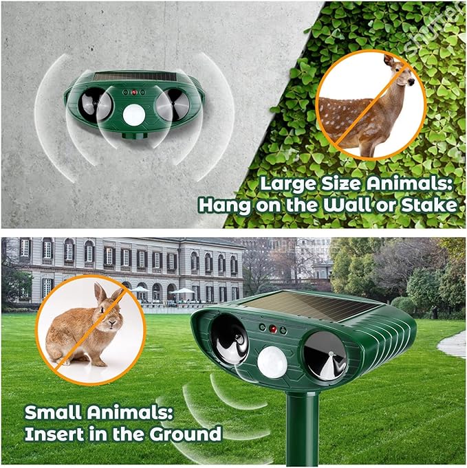 4 Pack Solar Ultrasonic Animal Repellent Outdoor Deer Repellent Devices Cat Repeller Raccoon Deer Deterrent for Squirrel, Rabbit, Dog, Waterproof with Motion Detector for Yard