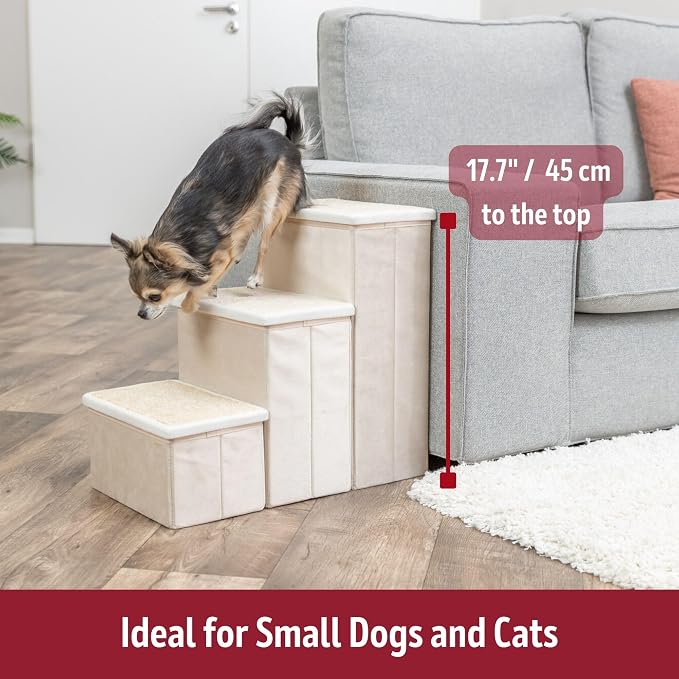 TRIXIE 3-Step Velour Pet Stairs, Beige | Collapsible, Storage Compartments for Pet Toys, Ideal for Small Dogs & Cats