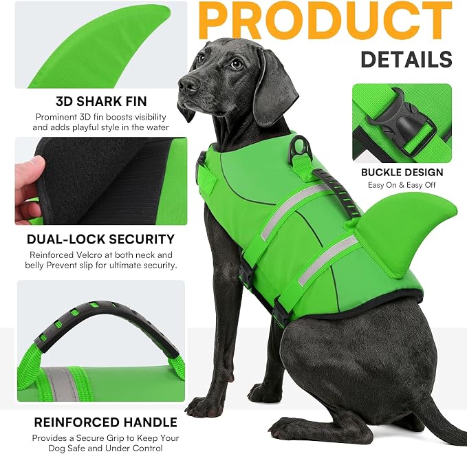 Dog Life Jacket High Flotation, Reflective Dog Life Vest for Swimming, Adjustable Dogs Life Preserver Rescue Handle Spring Summer Pool for Small, Medium, Large Dogs (BrightGreen,XS)