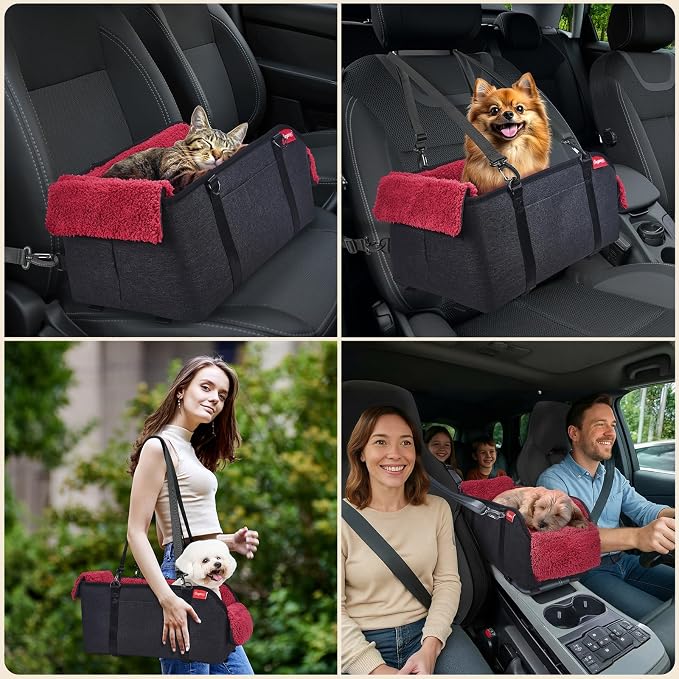 Center Console Dog Car Seat for Small Pets to 11lbs, Red | Anti-collapse armrest Console seat with washable fluffy cushion, pillow & tether for stable, cozy pet travel trips.