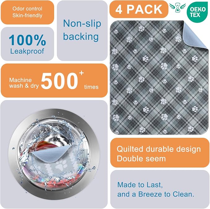 BEAUTYZOO 4 Pack Washable Pee Pads for Dogs,Reusable Puppy Pads 36x41 Plaid | Waterproof Super Absorbent,Non Slip and Leak-Proof Against Urine,Whelping Pads Mats for Puppy Potty Training,Playpen,Crate
