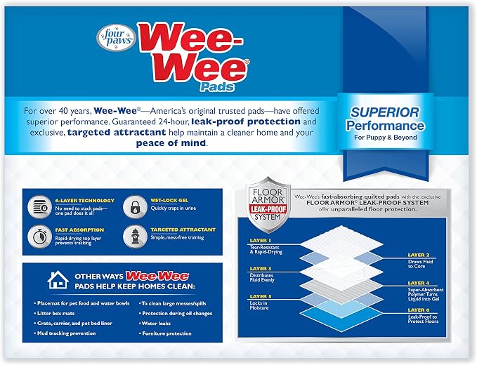 Four Paws Wee-Wee Superior Performance Dog Pee Pads, 200 Count | Quilted leak-proof puppy pads, dog housebreaking & potty training, 24-hour floor protection, pet supplies, 22" x 23"