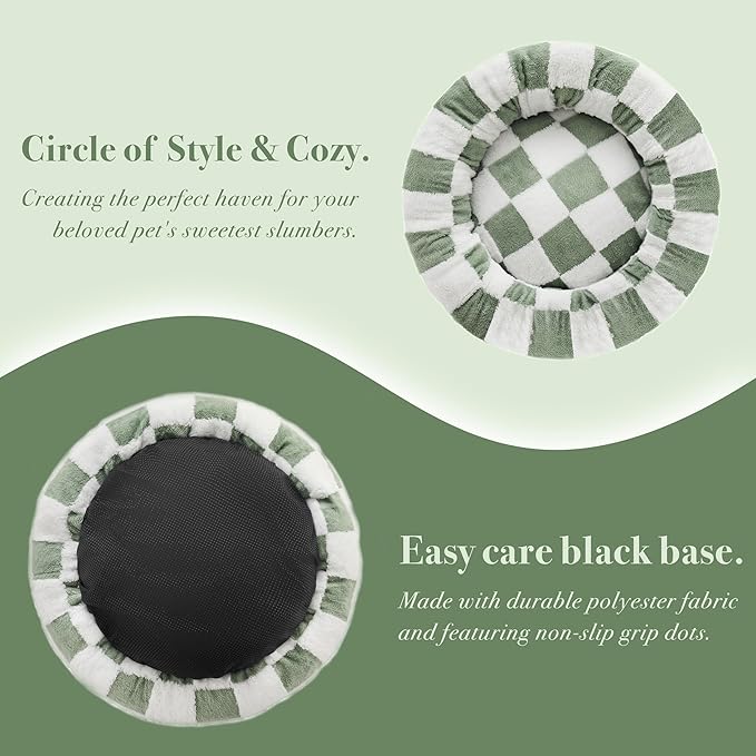 Ohocut Checkered Dog Bed, Cute Sage Green Retro Style Aesthetic Round Warming Pet Calming Beds for Small Dog and Cats, Plush Cozy Donut Washable, 30" L x 30" W x 8" Th