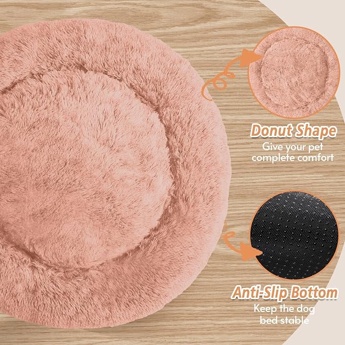 JOLLYVOGUE Calming Dog Beds Large Sized Dog, 36in Donut Washable Large Pet Bed, Anti-Slip & Anti-Anxiety Fluffy Faux Fur Round Dogs Bed, Fits up to 80 lbs Pets (Peach Pink)
