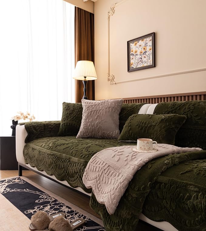 Green Fuzzy Rabbit Plush Sofa Cover Cozy Warm Sofa Couch Covers with 3D Jacquard Leaf Pattern Non-Slip Easy-to-Install Shaggy Sofa Slipcover Prefect for Kids Dogs Cats Cats(Green,36"x63")