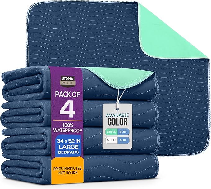 4 Pack Washable Pee Pads for Dogs 34" x 52", Waterproof Dog Training Pads | Reusable Dog Training Pads for Sofa, Incontinence Bed Pads for Adults, Elderly and Kids (Navy,Green) by Utopia Bedding