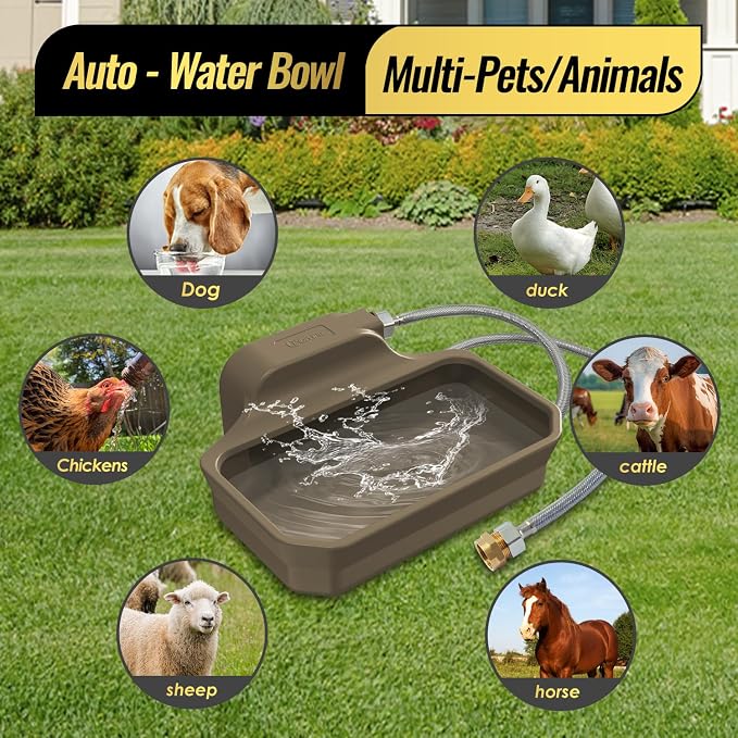 135OZ Automatic Water Dispenser for Large Dogs Patented Outdoor Dog Water Bowl Dispenser Automatic Dog Feeder Fit 3/4'' GHT Faucet Dog Waterer Include Water Hose Extra-Large Drinking Area Brown
