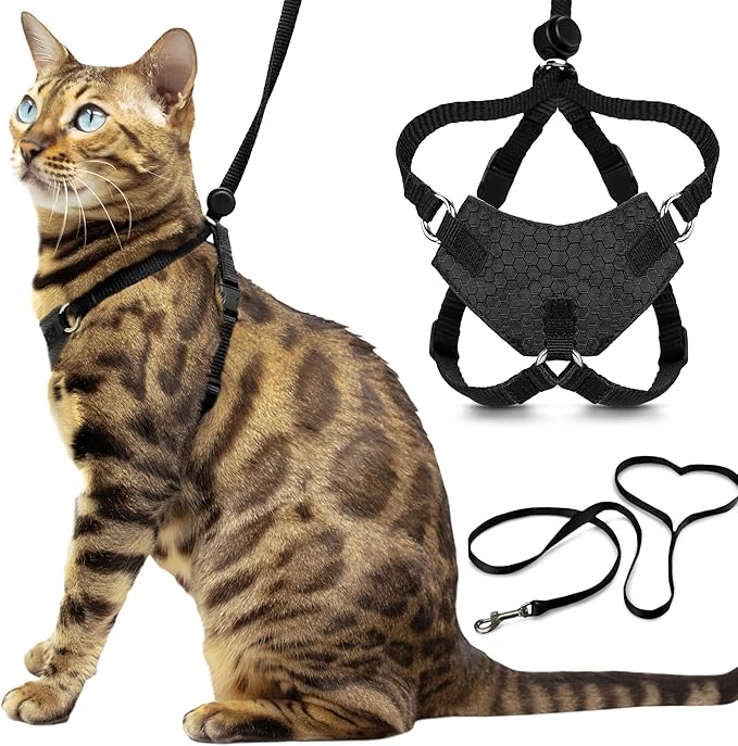 Houdini™ Escape Proof Cat Harness and Leash (Black, M/L) | Adjustable walking vest with 6ft lead, premium padded finish, snug secure fit, lightweight for travel and outdoor adventures