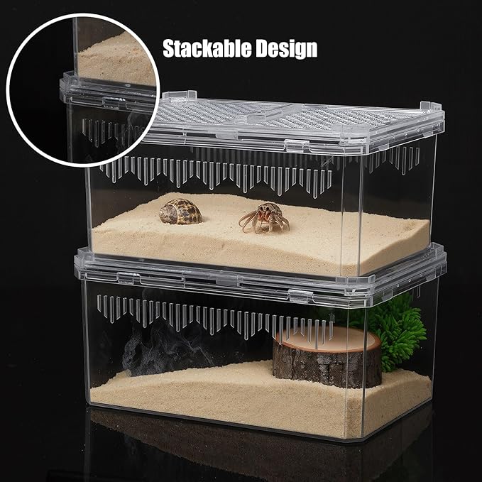 2 Pack Reptile Terrarium Tank, High-Transparency PET Enclosure with Magnetic Door - No Assembly Breathable Habitat for Tarantula, Spider, Hermit Crab, Cricket, Gecko (7.5"x5"x3.7")