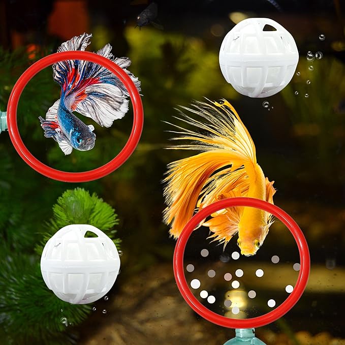 Betta Fish Exercise Ring and Filter Balls Set, Betta Ring and Turtle Water Cleaner Ball, Fish Feeder Rings with Nitrifying Balls, Betta Fishes Tank Toys, Aquatic Turtle Enrichment Toys (Red, M-70mm)
