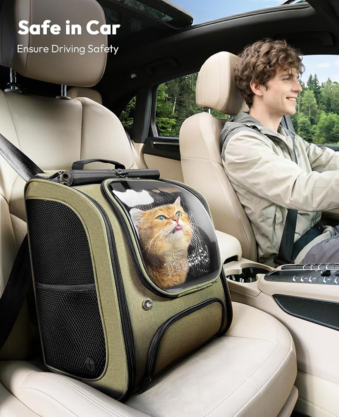 Pecute Cat Backpack Carrier,Large Space Cat Bubble Backpack,Ergonomic,Green | Sunshade Curtain,Transparent Window,Safety Rope,Sturdy,Large Mesh on Both Sides for Breathability,Suitable for Outdoor,Vet