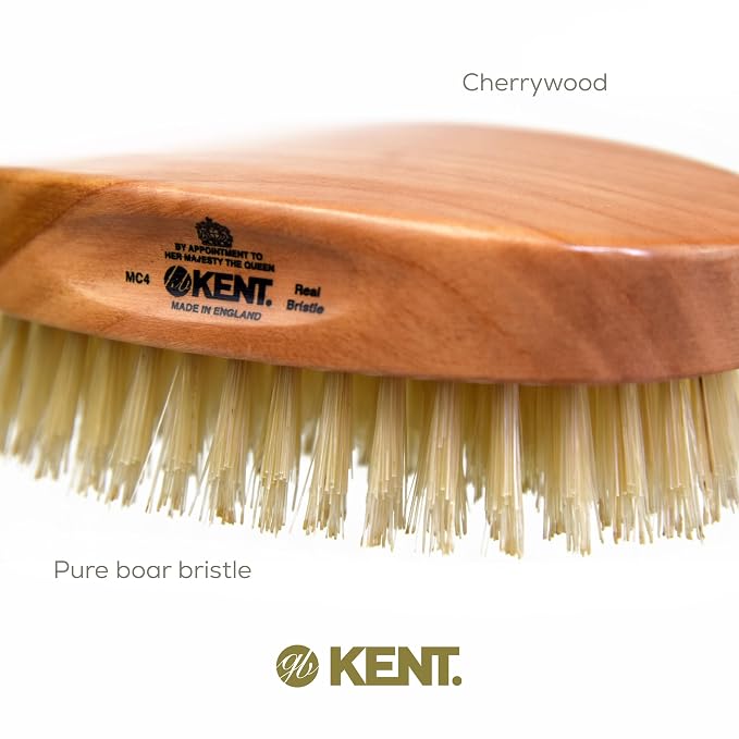Kent MC4 Men's Hair and Beard Brush Kit: Exfoliating Natural Boar Bristle Hair Brush, Cherrywood Base with Firm Bristles for Coarse Hair Types - LPC3 Brush Cleaner - Premium Grooming Set