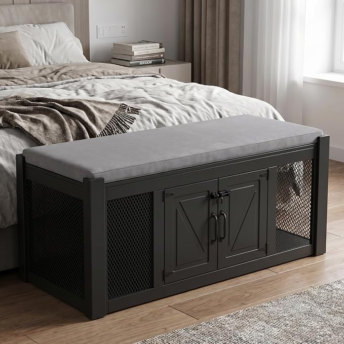 Faceket Dog Crate Furniture with Padded Seat, Luxury Wooden Dog Kennel, End of Bed Bench Ottoman with Removable Cushion for Bedroom, Entryway, Black