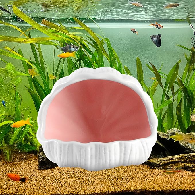 AnRui Cute Betta Fish Tank Decor Ceramic Conch Shell-Shaped House Thematic Hideout Cave for Fish Playing or Hiding Underwater World Aquarium Background Pearl Ornament, Pink
