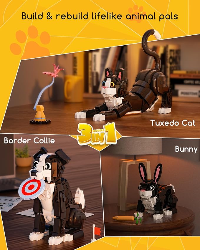 3-in-1 Tuxedo Cat Building Set, Build a Cat, Dog or Rabbit | Build & Rebuild 3 Cute Animal Designs from One Set, Building Toy for Cat Lovers and Animal Fans, Birthday Gift Ages 8+