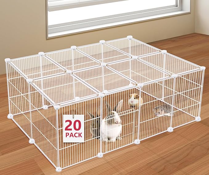 VISCOO 20 Panels Small Animal Playpen, Pet Playpen, C&C Cage for Guinea Pigs, Rabbit/Bunny Cage, Puppy Play Pen, Indoor Outdoor Portable Metal Wire Yard Fence(White)