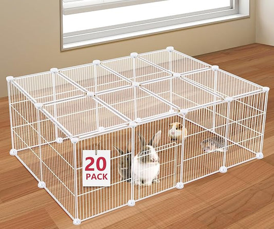 VISCOO 20 Panels Small Animal Playpen, Pet Playpen, C&C Cage for Guinea Pigs, Rabbit/Bunny Cage, Puppy Play Pen, Indoor Outdoor Portable Metal Wire Yard Fence(White)