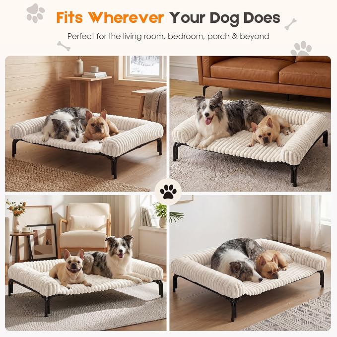 Elevated Dog Bed with Removable Fluffy Pillow Cushion, Raised Pet Cot Washable Bolster, Dog Couch Sofa, Anti Slip Feet, Breathable Mesh, Cream, 49"×36"