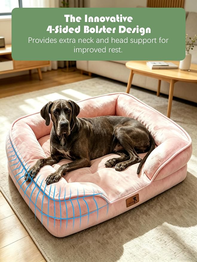 Spotted Play Orthopedic Dog Bed with Sides - Sofa Beds for Extra Large Dogs, Supportive Foam Pet Couch Bed with Washable Removable Cover, Waterproof Lining and Non-Slip Bottom, Pink - XXL