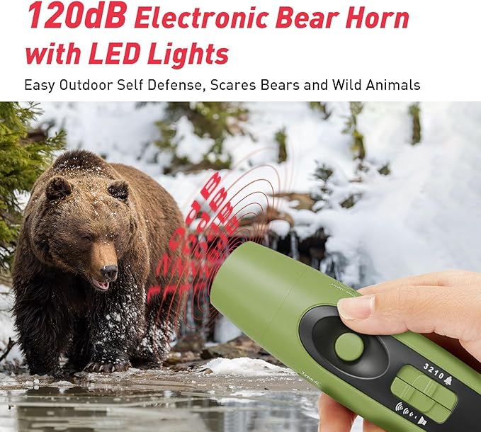 StarWorld Rechargeable Bear Horn - 120dB Electronic Air Horn for Bears with 4 Volume Levels & 3 Tones, Audible 0.5 Miles, LED Safety Light for Hiking, Camping, Wildlife Defense (Green)