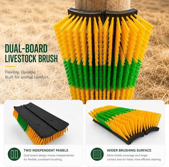 Livestock Scratching Brush 2 Pack for Cattle, Horses and Goats, Bendable Cow Scratcher, Goat Scratching Post and Horse Scratcher with Durable Nylon Bristles and 8 Stainless Steel Screws