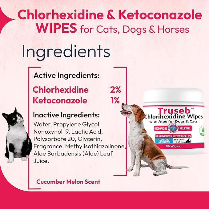 Pet Health Pharma Truseb Topical for Dogs, Cats and Horses - with Aloe for Cleansing (Ketoconazole & Chlorhexidine Wipes, 100 Count)
