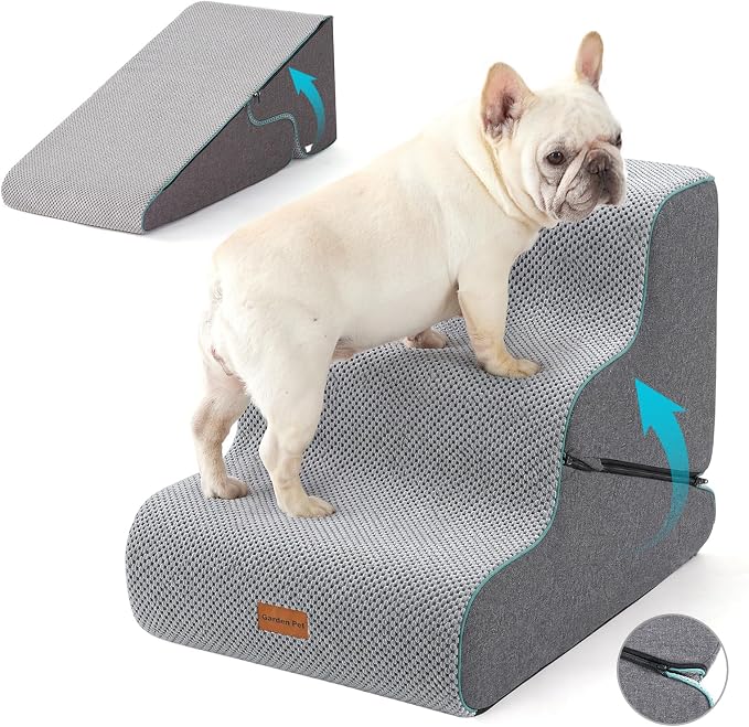 Gardner Pet Dog Stairs for Small Dogs 16.5" H, 2 in 1 Transformable 3-Step Pet Stairs and Dog Ramp for Couch (13-20 in), Grey Adjustable Pet Steps with Zipper
