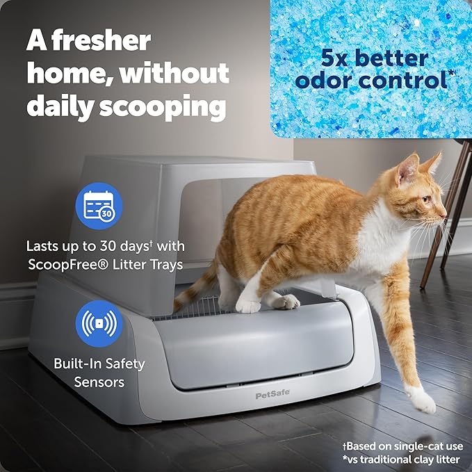 PetSafe ScoopFree Crystal Pro Legacy Automatic Self-Cleaning Cat Litter Box – Enclosed Front-Entry – Includes 1 Disposable Crystal Litter Tray – Advanced Odor Control – Gray (PAL00-16806)