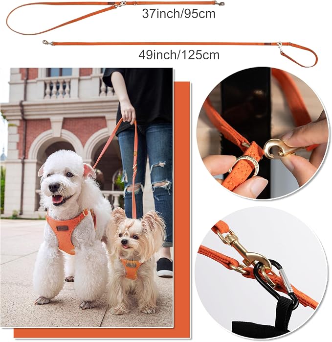 Puppytie Dog Harness with Multifunction Dog Leash,Soft Adjustable No Choke Escape Proof Pet Harness Vest for Medium Dogs or Large Dogs,Orange,M