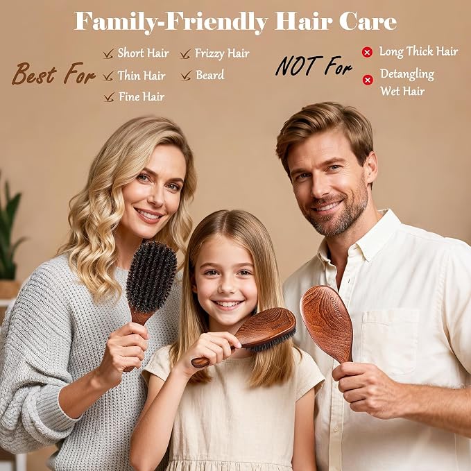 100% Boar Bristle Hair Brush Since 1965 British Craftsmanship | Handmade Natural Wooden Slick Back Hairbrush, Soft Bristles Gentle Smoothing Women Men Kids Thin Fine Hair, Anti Breakage