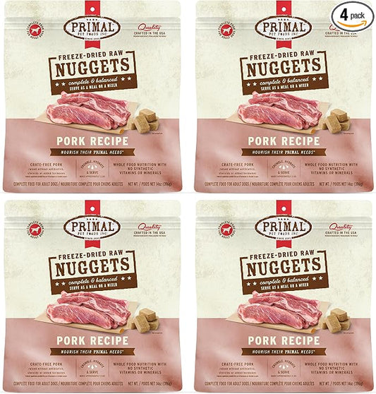 Primal Freeze Dried Raw Dog Food Nuggets, Pork, Complete & Balanced Meal, Also Use as Topper or Treat, Premium, Healthy, Grain Free, High Protein Raw Dog Food, 14 oz (Pack of 4)
