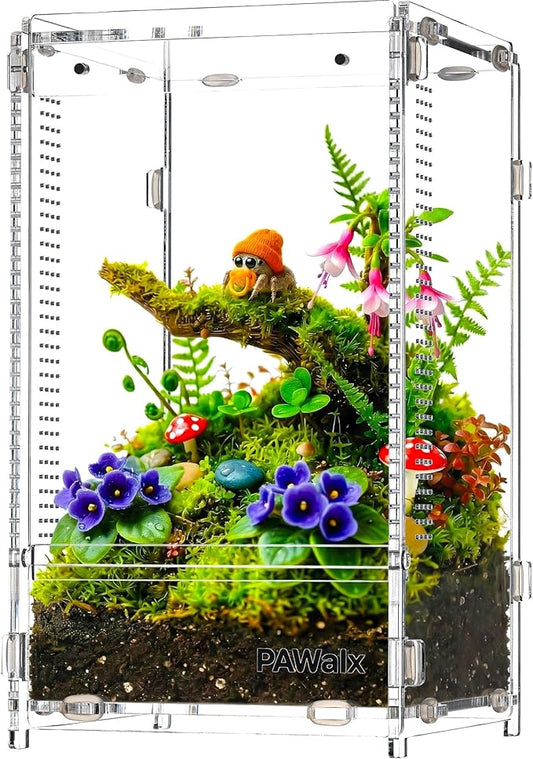 Jumping Spider Enclosure, Acrylic Terrarium with with Magnetic Doors, 0.8mm Micro-Ventilation, Stackable Escape-Proof Habitat for Jumping Spiders, Tarantulas & Small Reptiles, 4.7"x4.7"x9"